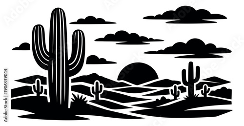 Graphic illustration of desert landscape depicting saguaro cacti, clouds, and sun for western themes