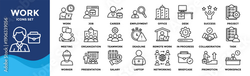 Work icon set collection. Containing job, career, employment, meeting, organization, teamwork and networking