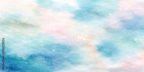 Abstract watercolor background with colorful blue clouds and sunny white light depicting a beautiful summer sky in heaven