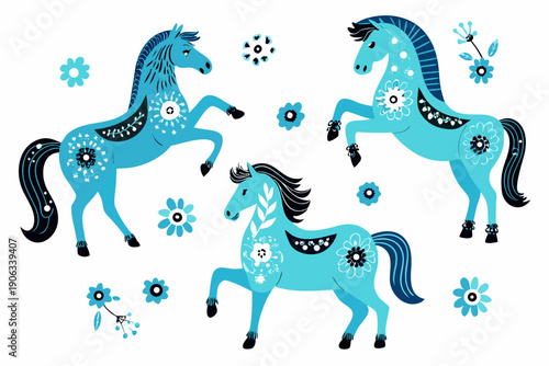 Stylized blue horses with floral decorations on a white background