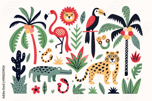 A vibrant illustration of tropical animals and lush plants