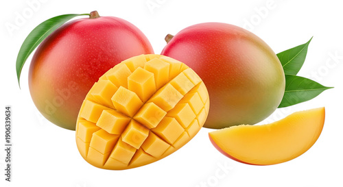 A vibrant still life composition featuring two ripe red and yellow mangoes one perfectly cubed and ready to eat and a thin slice of the juicy tropical fruit presented against a clean dark background