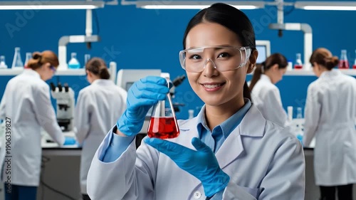 Smiling Asian Woman Holding Flask with Red Liquid in Lab with White Coat and Safety Glasses with Science Equipment on