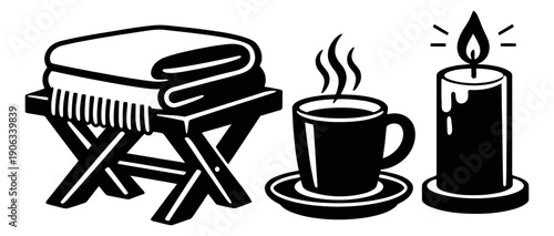 Line art cozy elements set featuring blankets on a stool, a hot cup, and a lit candle for a relaxing home atmosphere