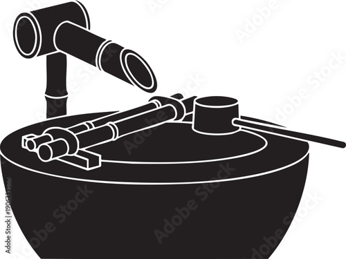 Stylized black silhouette of a Japanese Tsukubai (water basin) for tea ceremony, embodying purity and ritual