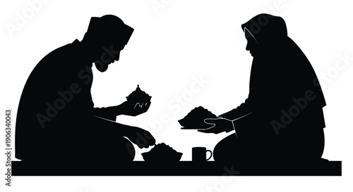 Two people sharing a meal together in silhouette with copy space