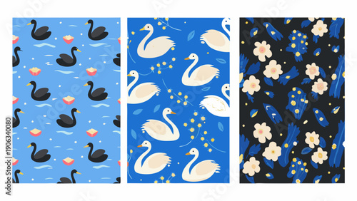 Colorful patterned panels featuring swans and floral designs