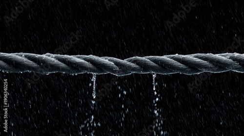 taut. Wet ship ropes pulled taut during a storm, showing texture and tension. mobility guides, transit brochures, designed for mobility and urban transit guides, used by PR specialists.