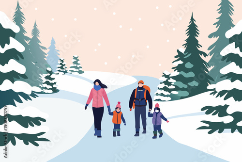 Family hiking through a snowy winter landscape with evergreen trees