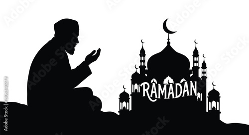 Man Praying in Front of Mosque during Ramadan with Crescent Moon