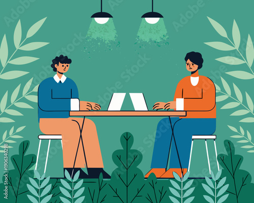 Two individuals are seated at a table engaged in conversation