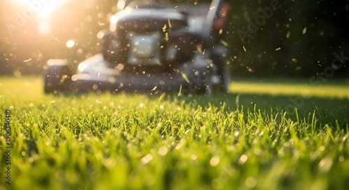 Professional Lawn Mowing: Close up of green grass being cut by mower in sunlight, garden maintenance service, backyard care and landscaping concept