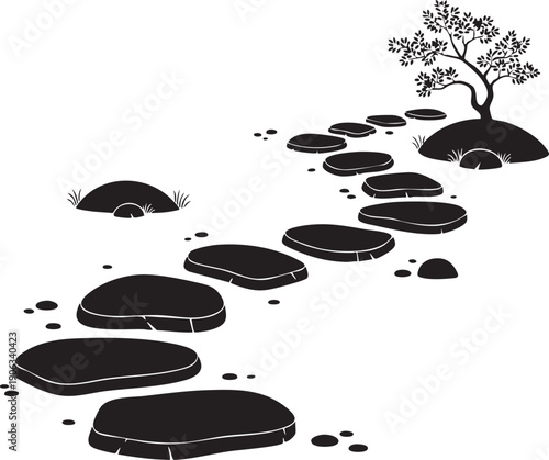 Zen garden stepping stone path with a solitary bonsai tree silhouette