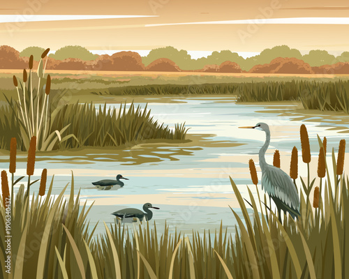 Serene wetland scene featuring a heron ducks and tall reeds