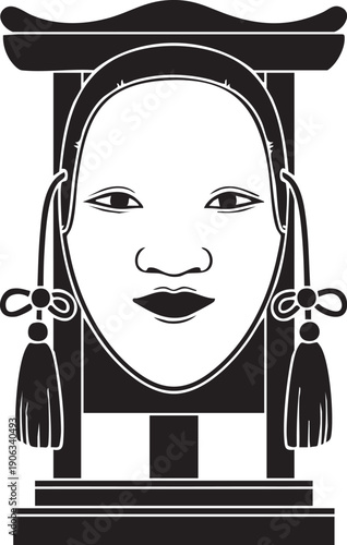 Japanese Noh theatre mask silhouette with decorative tassels and frame