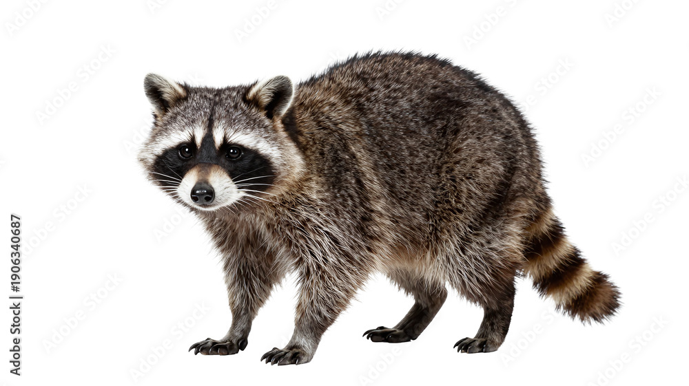 Naklejka premium Raccoon standing alert with curious expression, isolated on white background, looking at camera