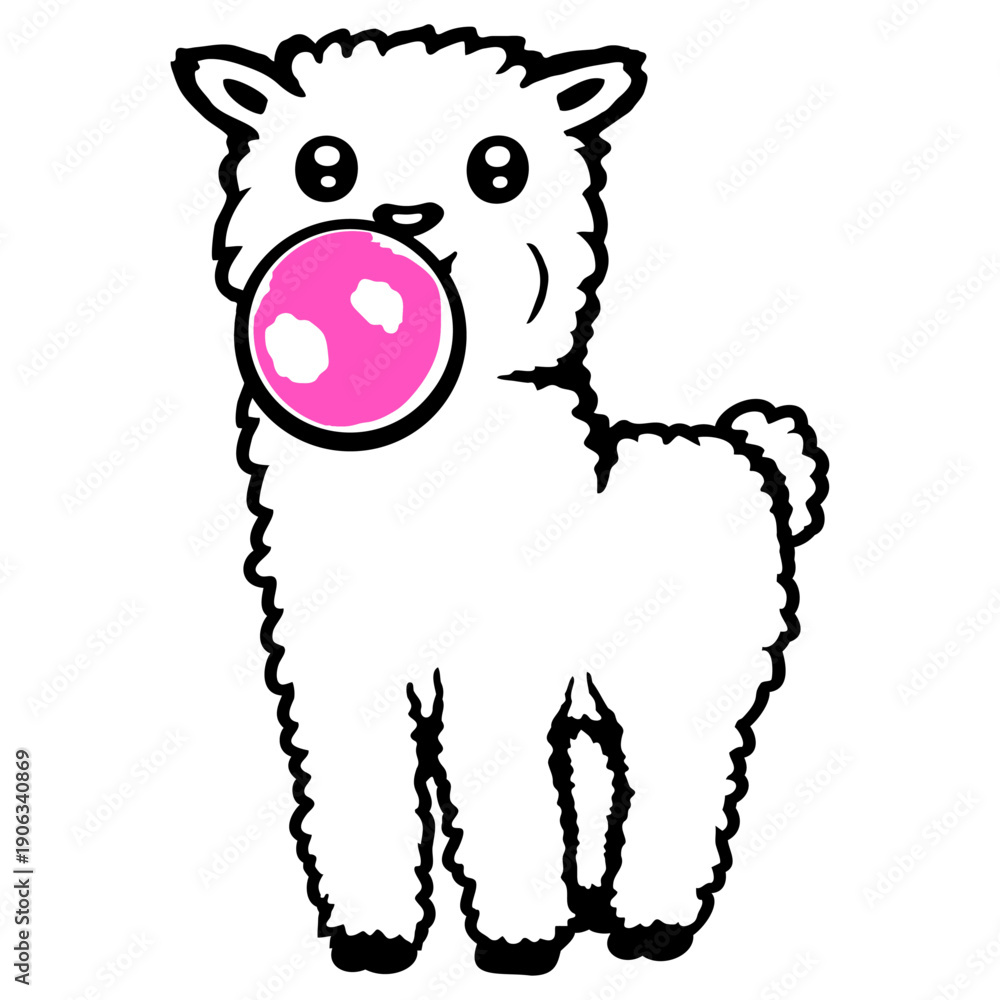 Fototapeta premium Llama Bubblegum Bubble Chewing Cool Cute Little Sheep Alpaca White Fur Funny