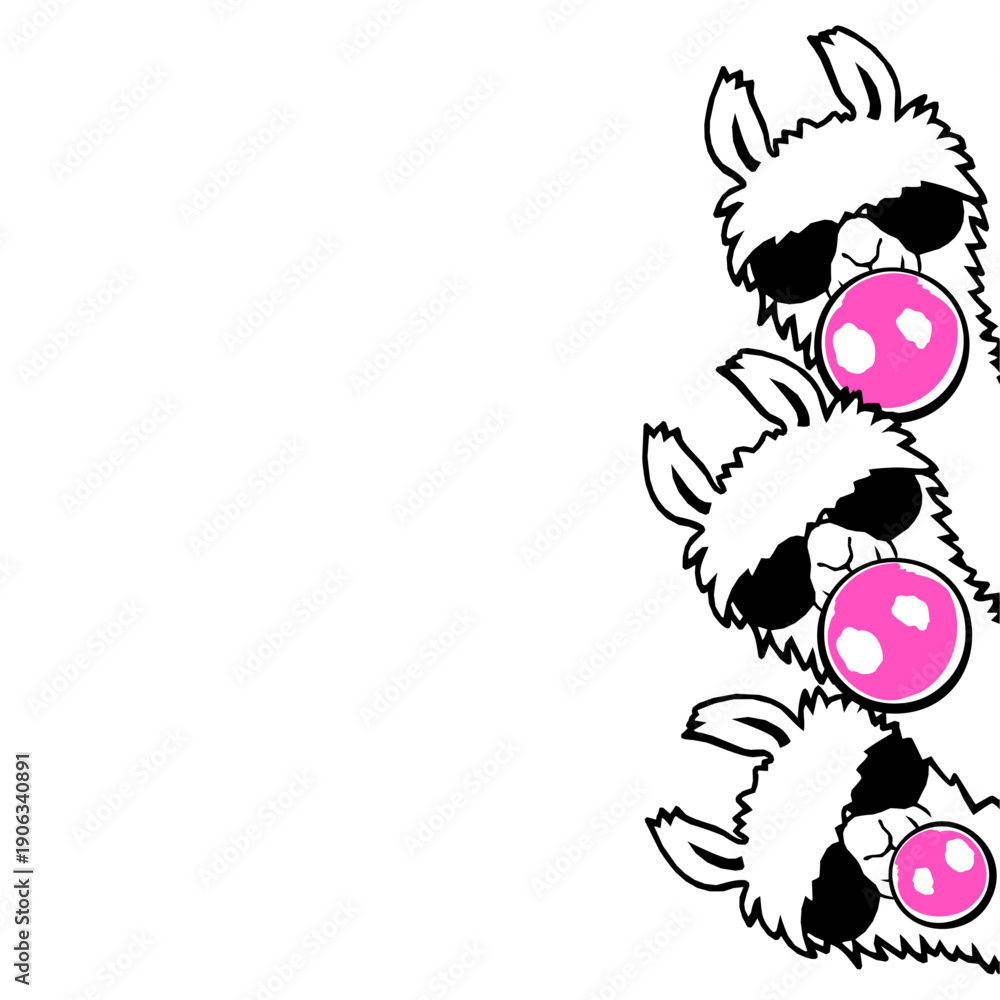 Fototapeta premium 3 Team Friends Crew Llama Bubblegum Bubble Chewing Cool Sunglasses Alpaca White Fur Funny Side View