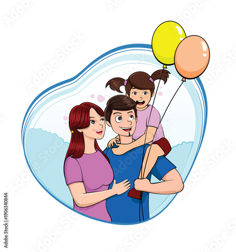 cartoon happy family illustration with balloon