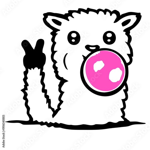 Llama Victory Hand Sign Peace Bubblegum Bubble Chewing Cool Cute Little Sheep Alpaca White Fur Funny