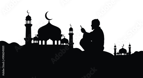 Man Praying Silhouette against Mosque Skyline with Crescent Moon at Night