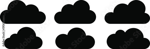 Cloud silhouettes illustration set, simple sky weather shapes collection isolated black vector design meteorology icon nature atmospheric background elements