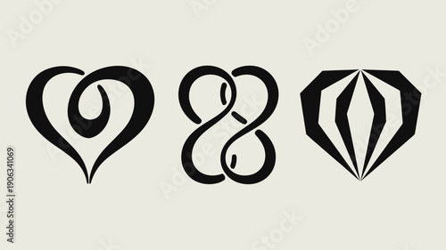Three black abstract shapes with heart and infinity symbols and a diamond shape