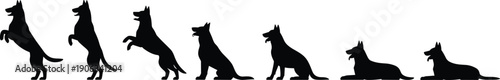German shepherd dog silhouette illustration set, canine standing sitting running poses collection isolated black animal vector pet design icons