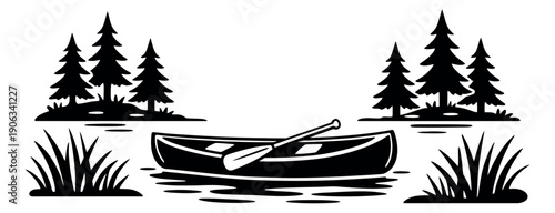 Stylized graphic illustration of a canoe and paddle depicting a serene lake scene for outdoor adventure