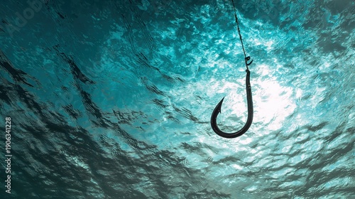 patience. Close-up of a fish hook underwater, sunlight creating shimmering reflections on the surface. pitch deck slides, case study pages, designed for brand storytelling and e-commerce strategy.