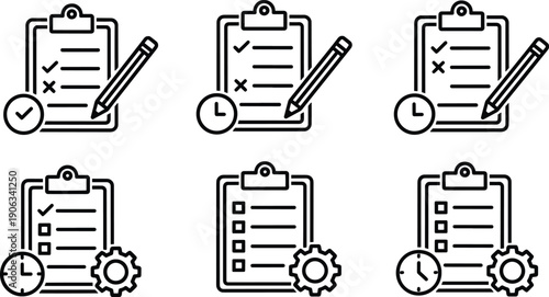 A set of six vector clipboard icons in line art silhouette style for business and productivity use