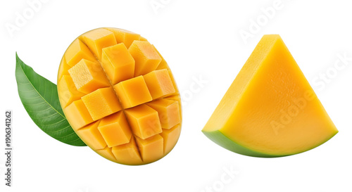 Fresh mango fruit cut into pieces with green leaves  tropical yellow food transparent background
