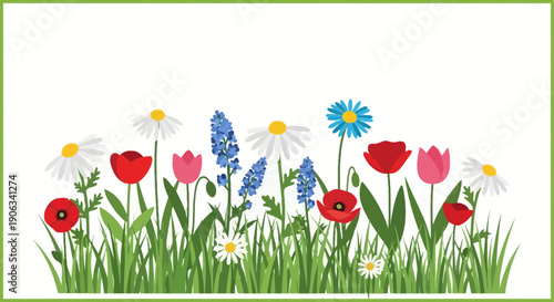 Spring Wildflowers Meadow - Poppies, Daisies, Tulips, Bluebells