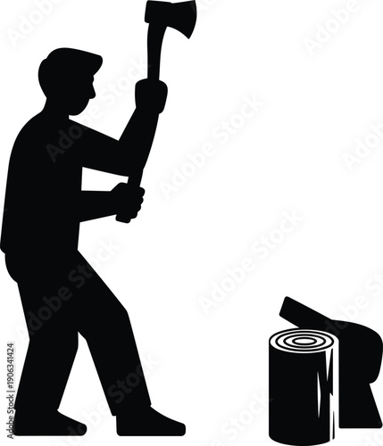Lumberjack chopping wood silhouette illustration, man with axe cutting log outdoor forestry worker vector isolated labor activity design