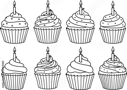 A set of vector cupcakes with candles and frosting for birthday celebrations and parties