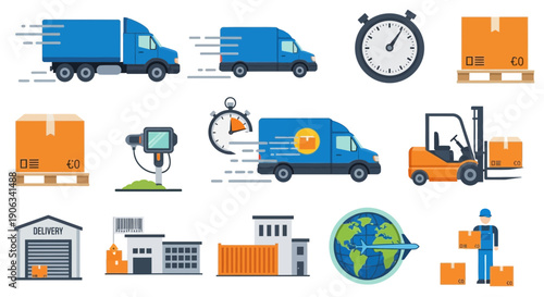 Logistics and Delivery Icons: Trucks, Forklift, Warehouse, Globe, Stopwatch