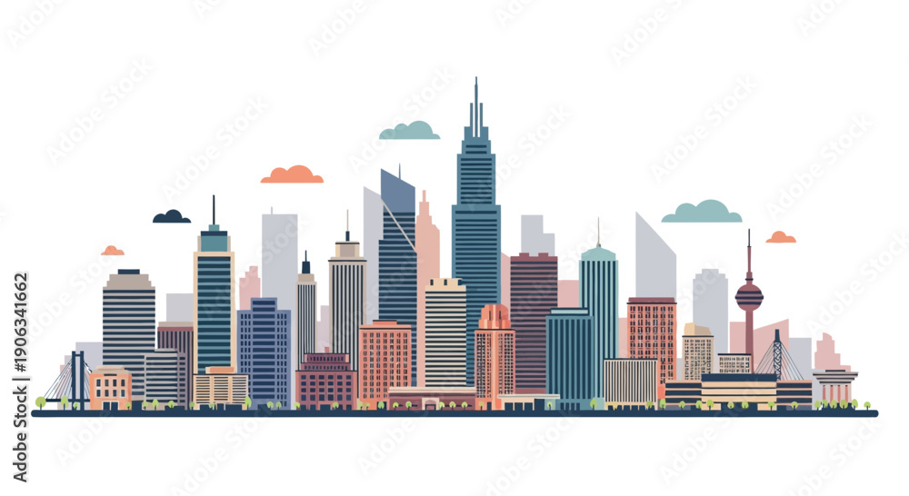 Fototapeta premium Modern City Skyline with Diverse Architecture and Clouds Illustration
