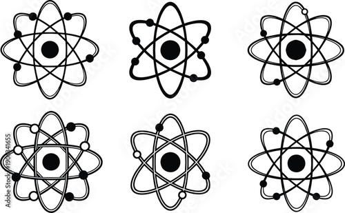 A set of vector silhouette line art illustrations of atoms in various configurations and designs