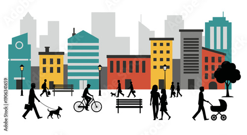 City life illustration, people walking, cycling, with dogs, and strollers