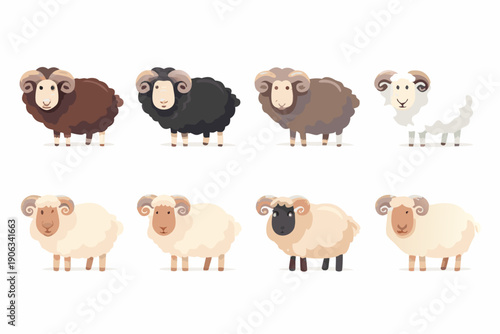 A collection of cartoon sheep with varying fleece colors and appearances