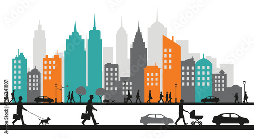 Cityscape silhouette with people, cars, and buildings