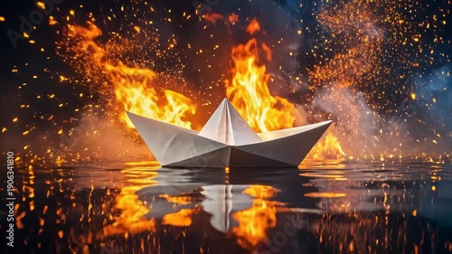 Wallpaper Mural Paper Boat Surrounded by Fire Floating on Water at Night Torontodigital.ca