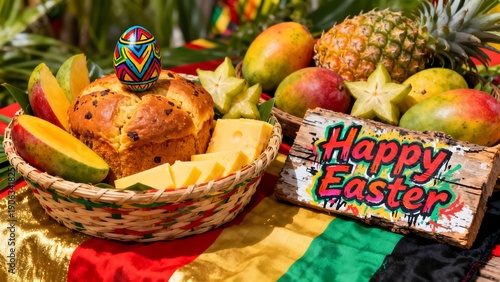 A vibrant basket of bun, cheese and tropical fruits on Rasta-colored fabric with a painted egg. Graffiti-style text.