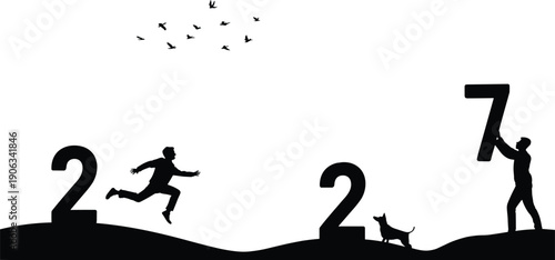 Success concept silhouette illustration, person overcoming obstacles climbing numbers with dog motivation freedom achievement vector isolated inspirational life progress design