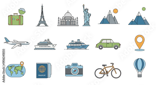Travel Icons: Landmarks, Transport, and Adventure Symbols