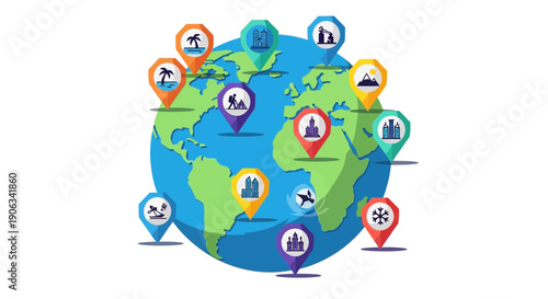 Global Travel Destinations Pins on World Map