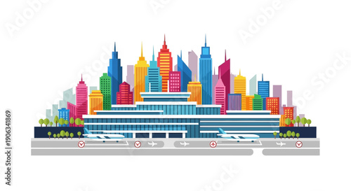 Modern Airport Terminal with Colorful City Skyline Background