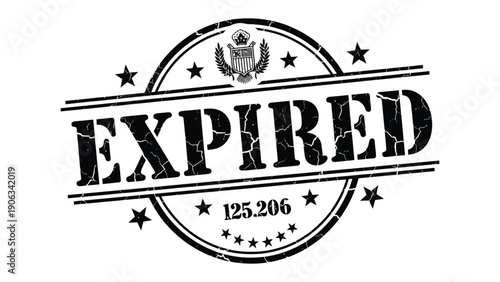 Expired Stamp of Time: A close-up view of an EXPIRED stamp, conveying a sense of obsolescence and deadline, showcasing a governmental emblem, with a weathered texture for added realism.