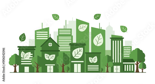 Green city skyline with leaves, eco-friendly urban landscape