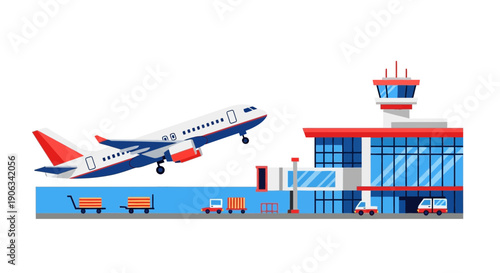 Airplane Taking Off From Modern Airport Terminal Building